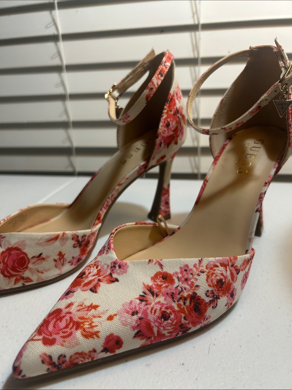 Guess Floral Pointed-Toe Ankle-Strap Heels in Pink and Peach